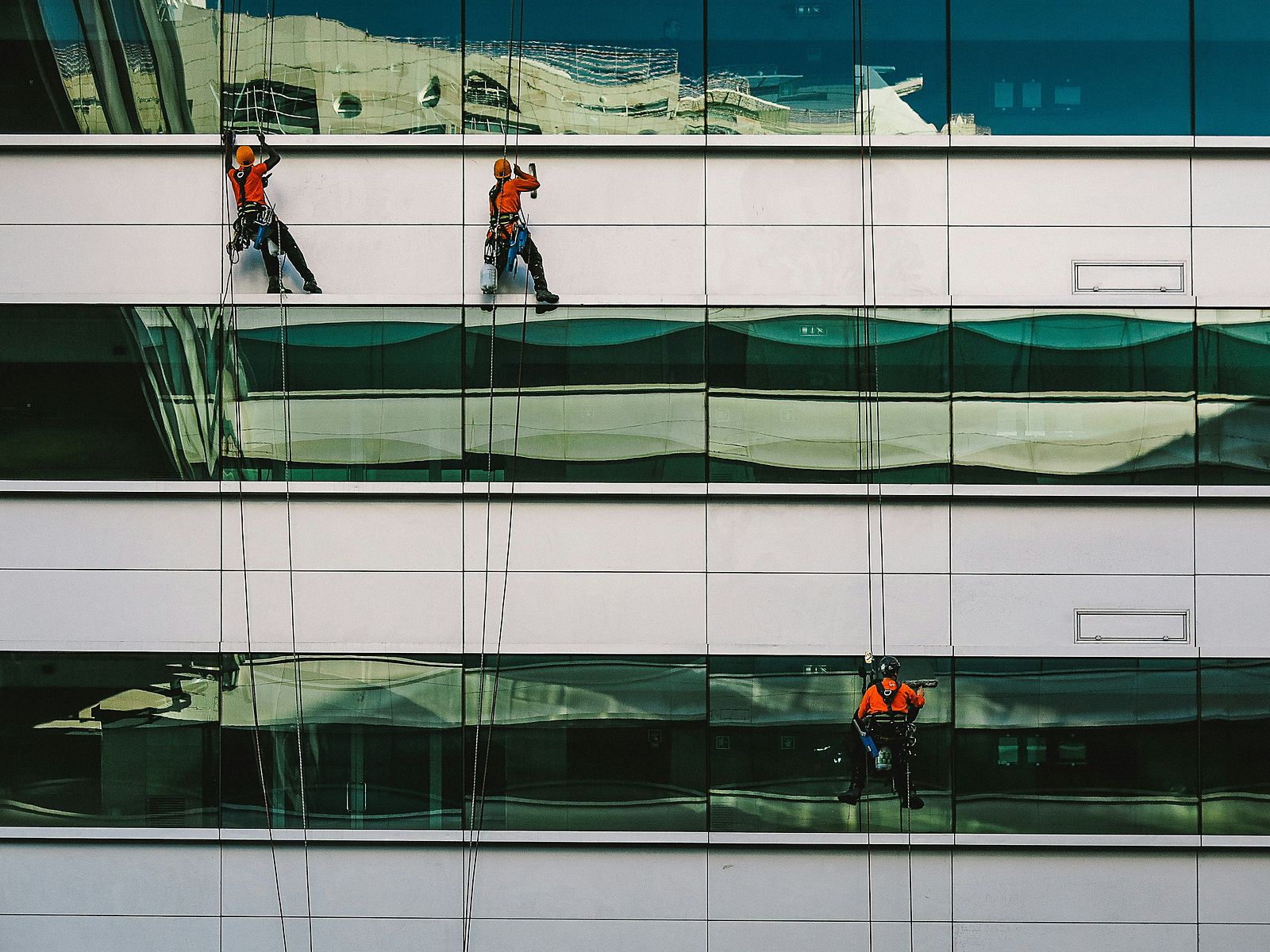 Rope-access cleaners on the facade of a multi-storey building